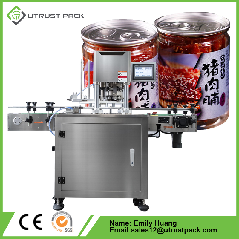 Spicy dried fish snacks plastic PET glue can non rotation fully auto sealing machine